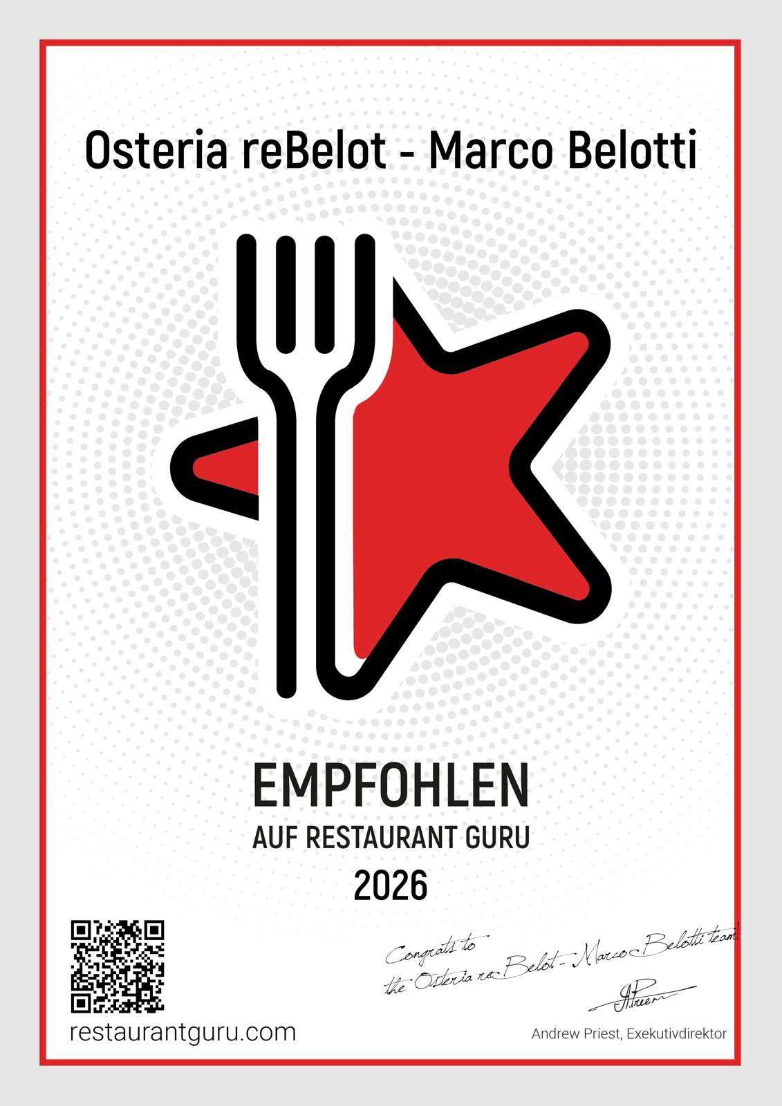Empfohlen auf Restaurant Guru 2026 – Osteria reBelot